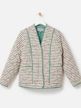 Oliver Bonas White Spotty Quilted Jacket Green Trim [Size Large/US 12]